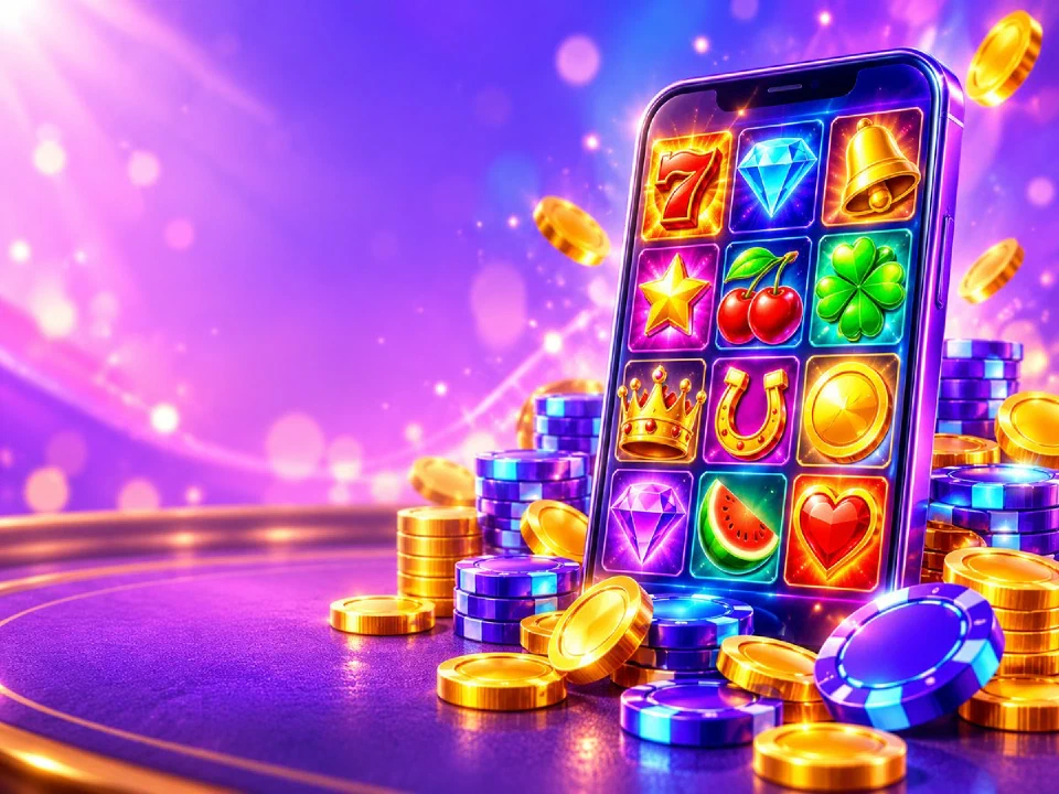 Violet phone on a casino table showing a glowing slot lobby, with chips and gold coins around it