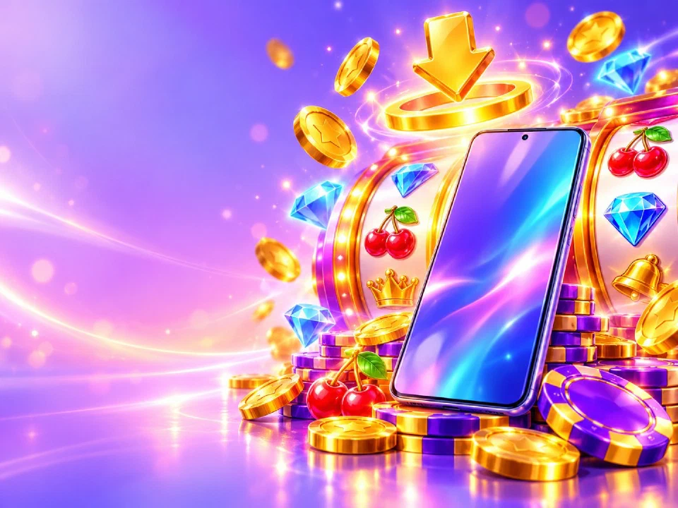 Phone tilted on a stack of chips with a golden download ring above it and slot reels behind