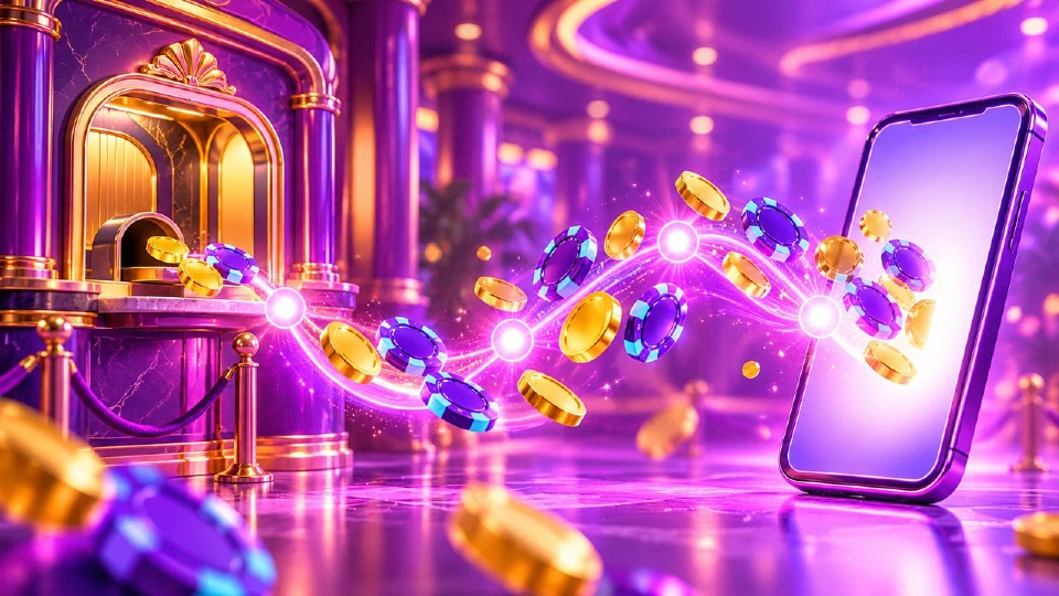 Gold coins and chips flowing along a glowing path from a casino cashier window to a phone