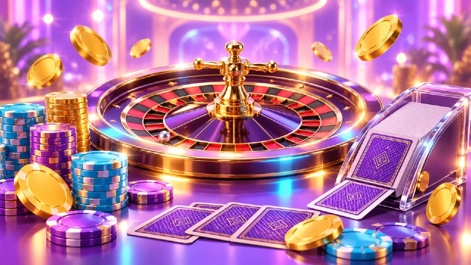 Bright live dealer table with chip stacks, a card shoe and a roulette wheel under studio lights