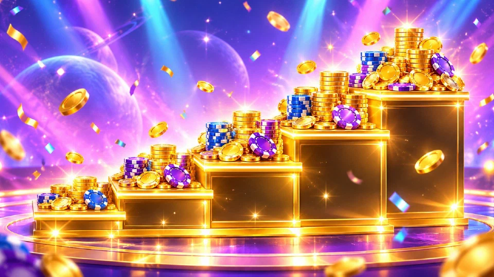 Golden staircase of five steps on a casino stage, each stacked higher with coins and chips