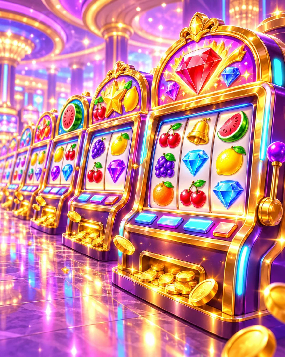 Long row of colourful slot machines lit up in violet, gold and cyan