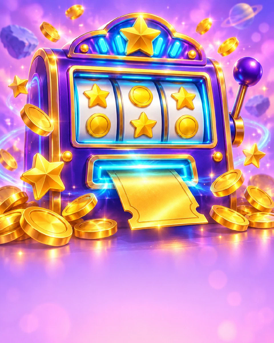 Golden ticket sliding into a glowing slot machine with coins and stars around it