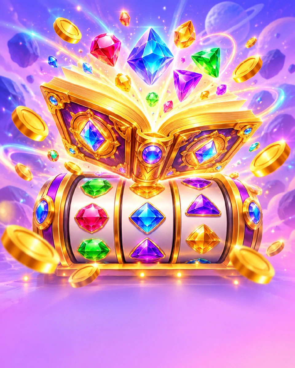 Ancient golden book opening on top of slot reels with light and gems pouring out
