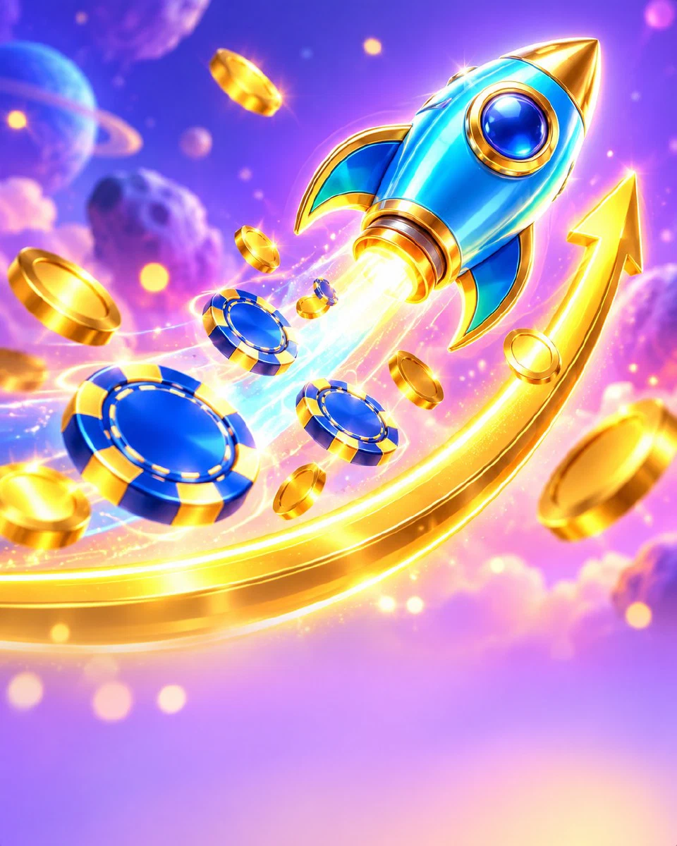 Cyan rocket climbing over a glowing gold curve with casino chips trailing behind