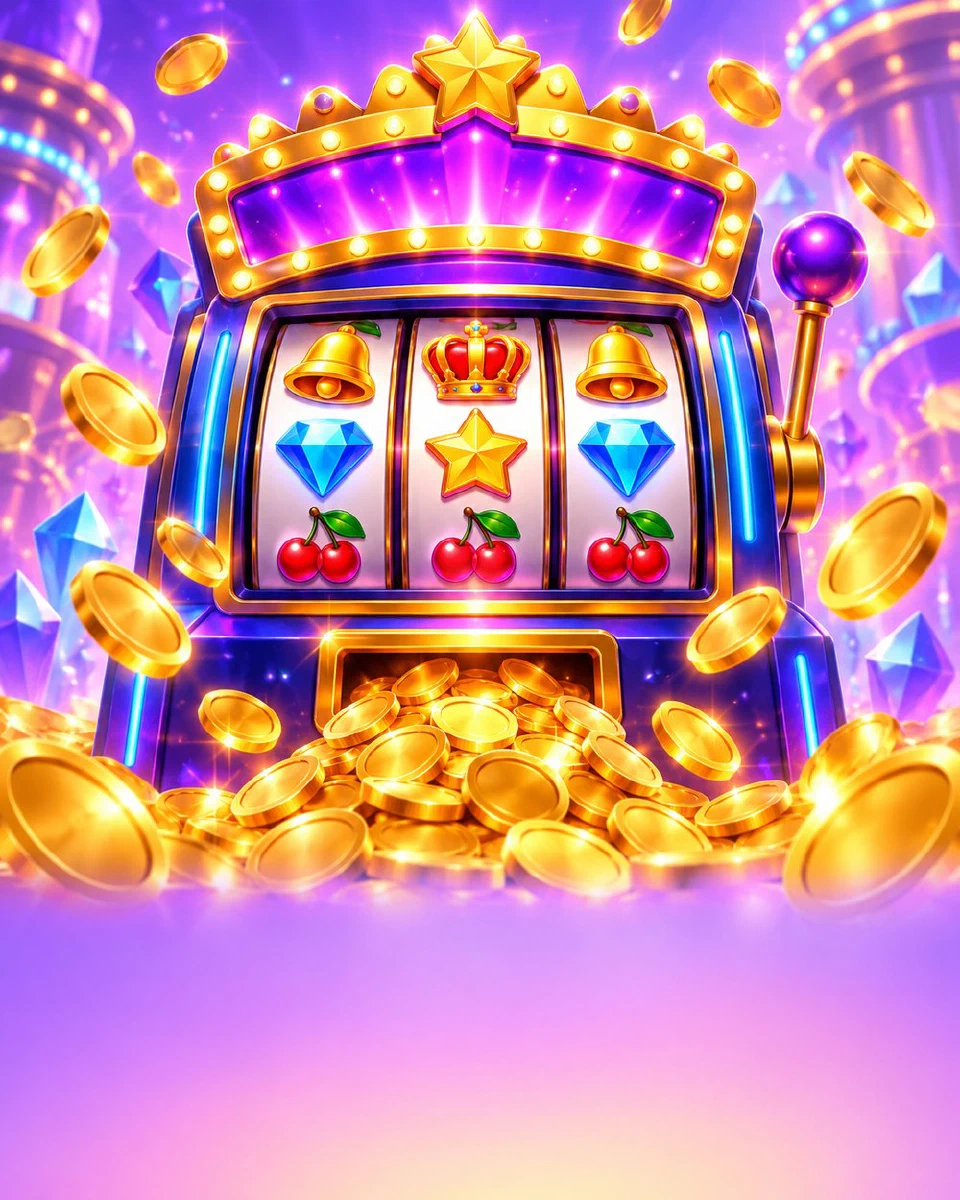 Flashing jackpot slot machine with marquee lights and a fountain of gold coins
