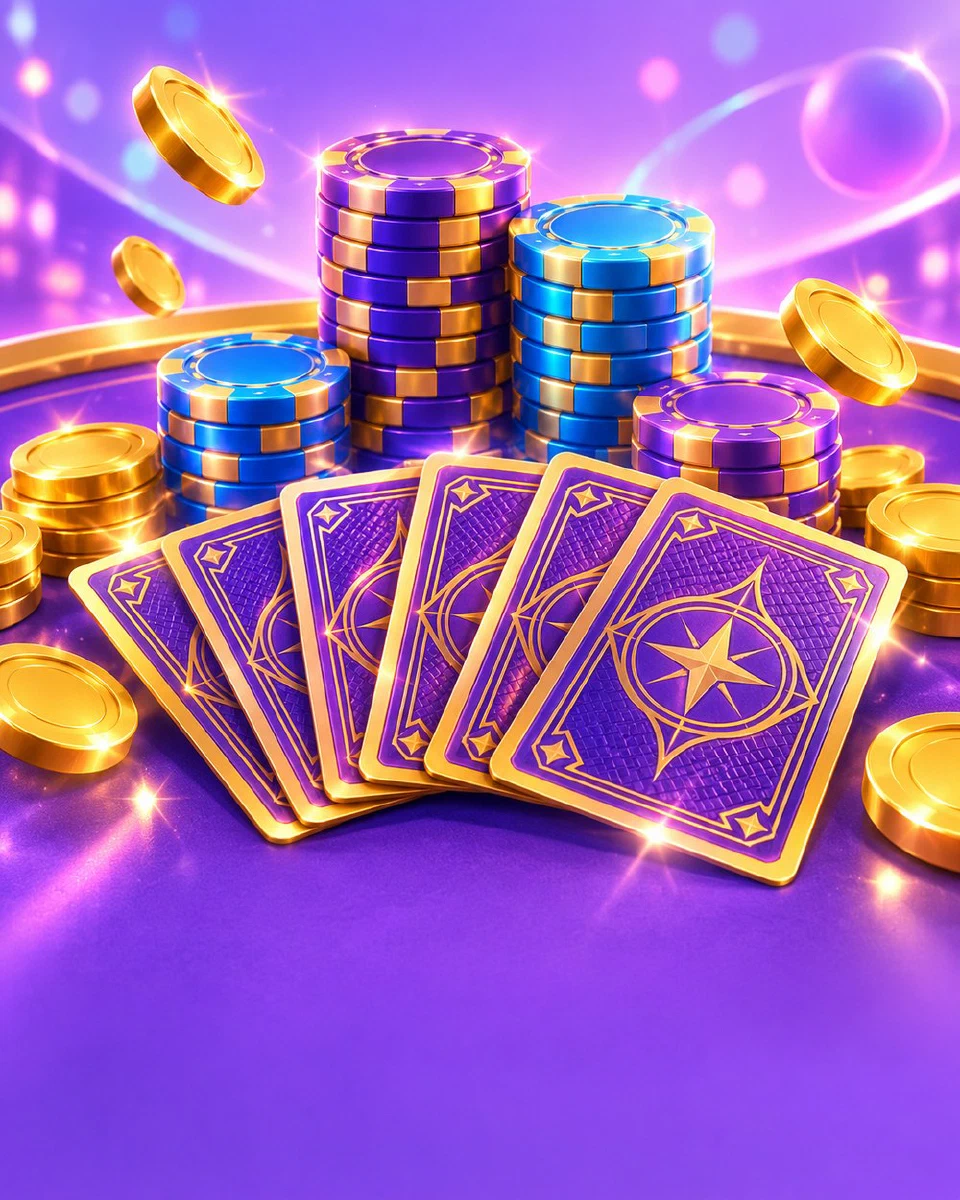 Baccarat cards fanned on a violet table beside tall chip stacks