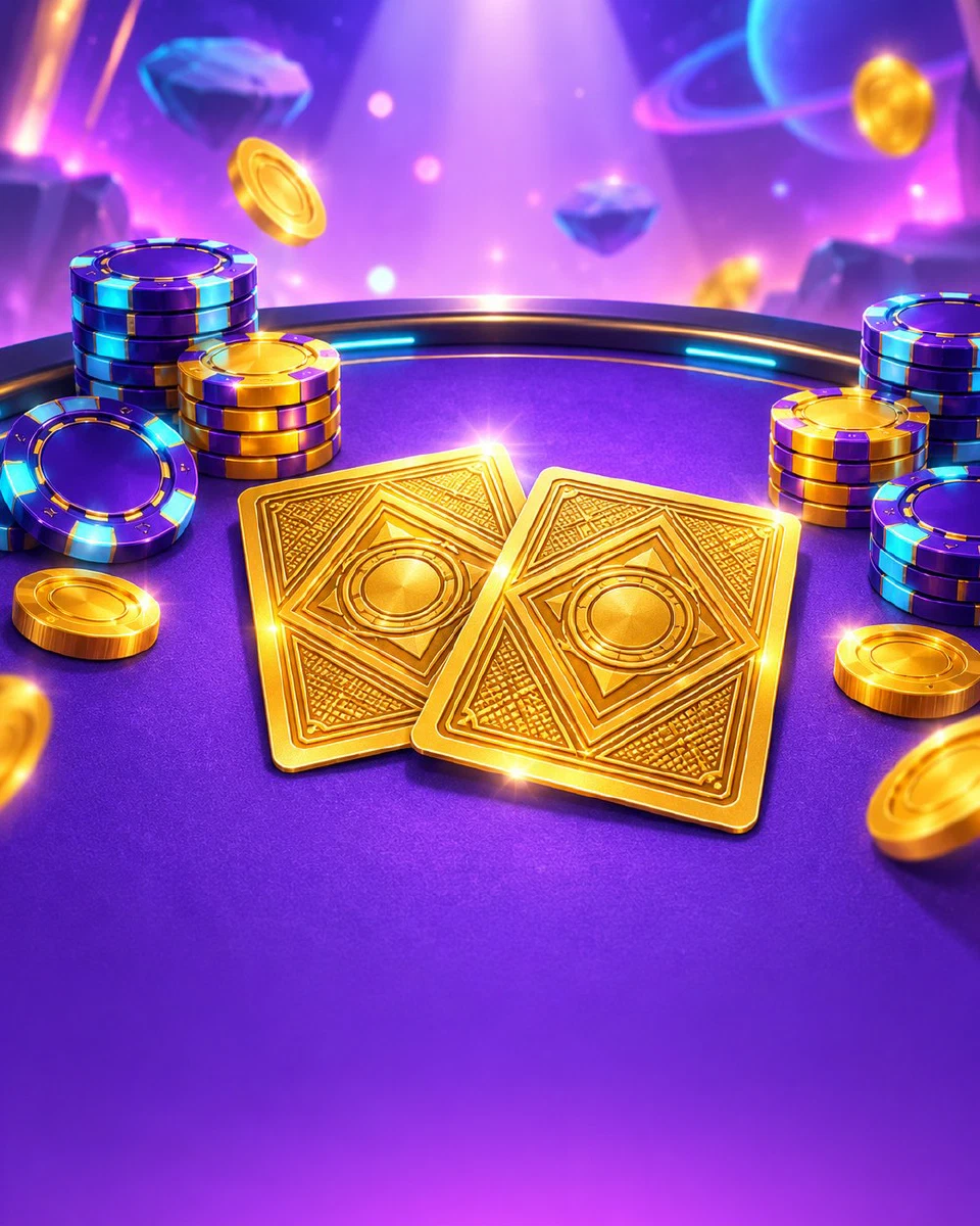 Blackjack table with two golden cards and chip stacks under a spotlight