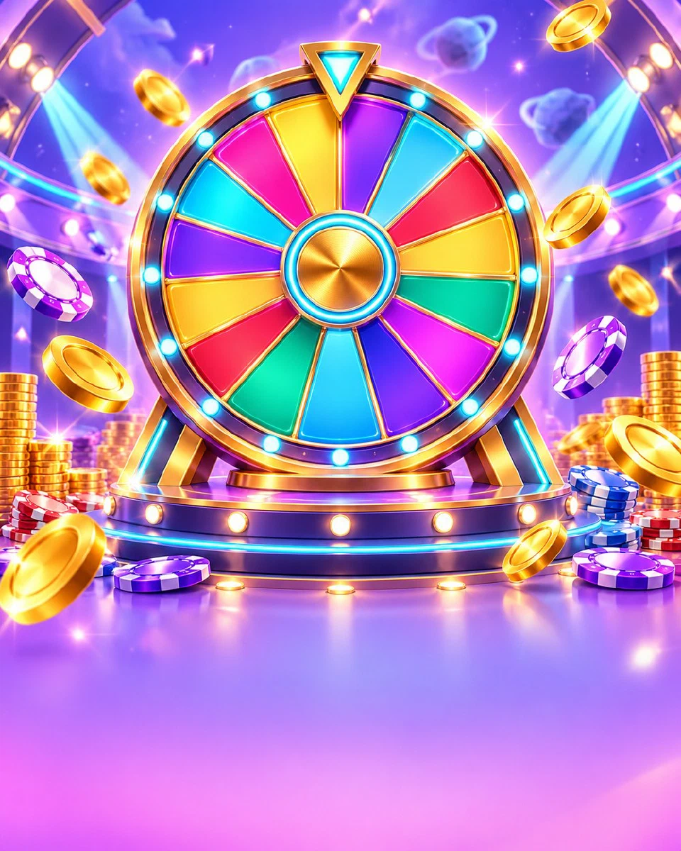 Giant glowing prize wheel with colourful segments on a bright stage