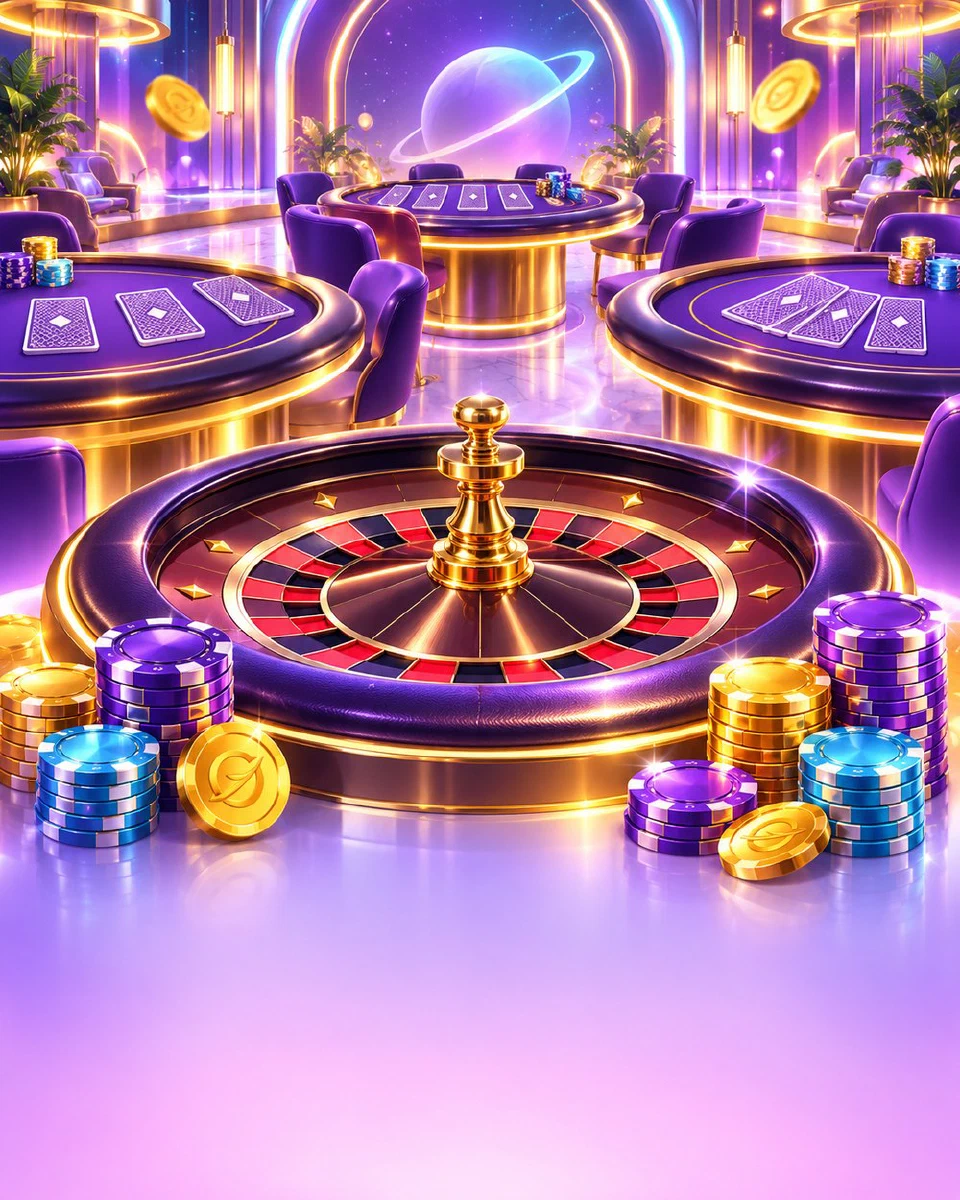 Bright live casino studio with glowing roulette and card tables and chip stacks