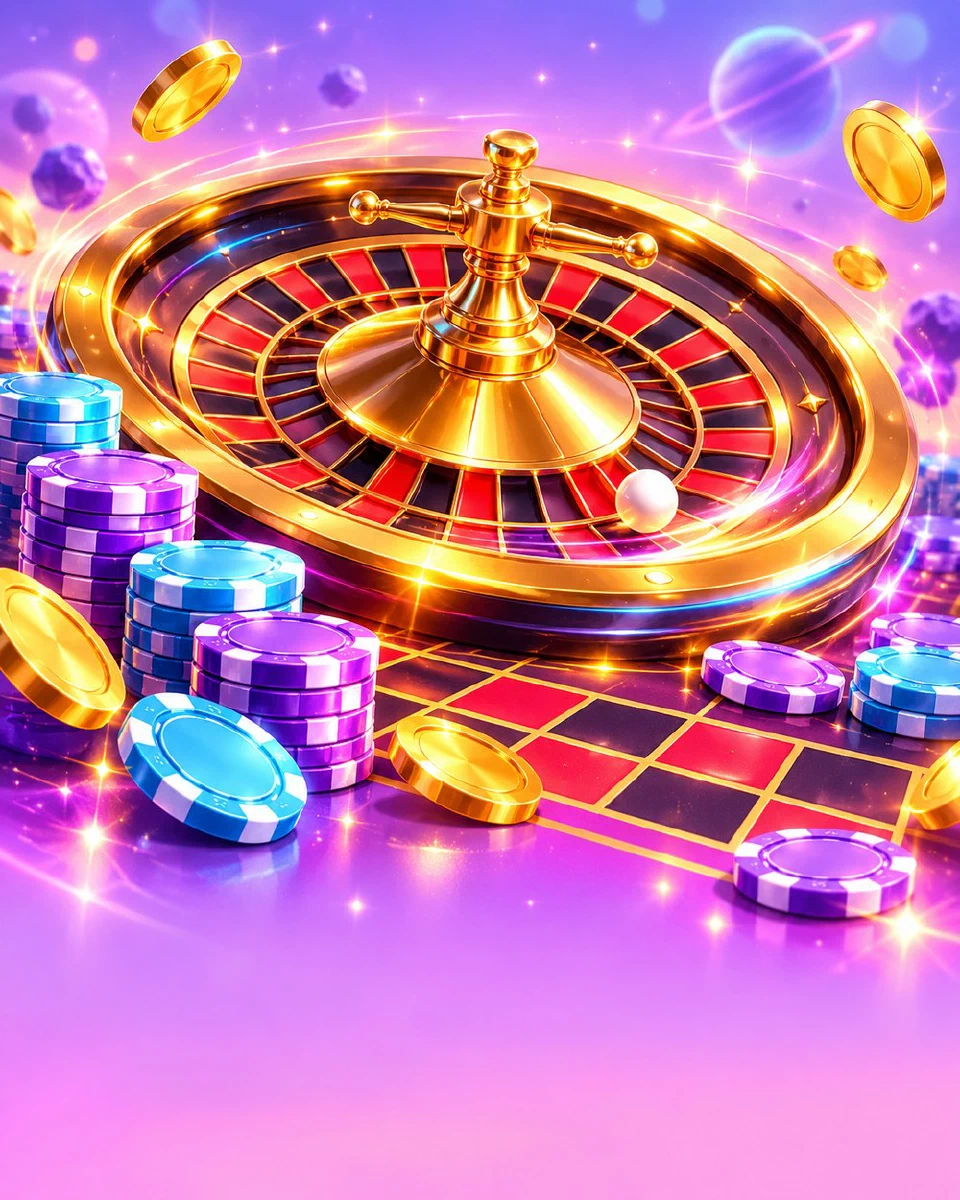 Golden roulette wheel spinning with a white ball and chips on the layout