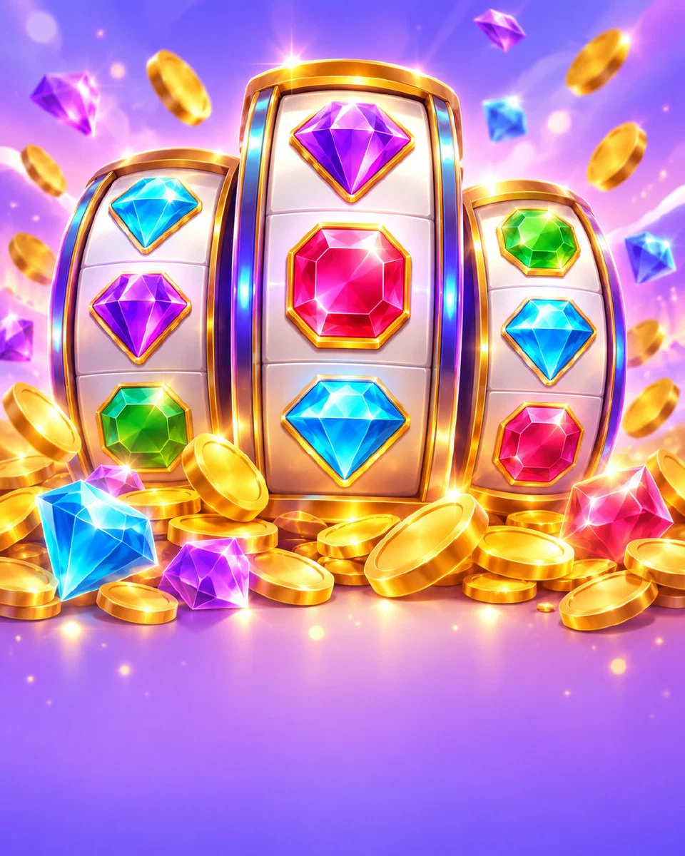 Slot reels packed with colourful gems and glowing violet and cyan