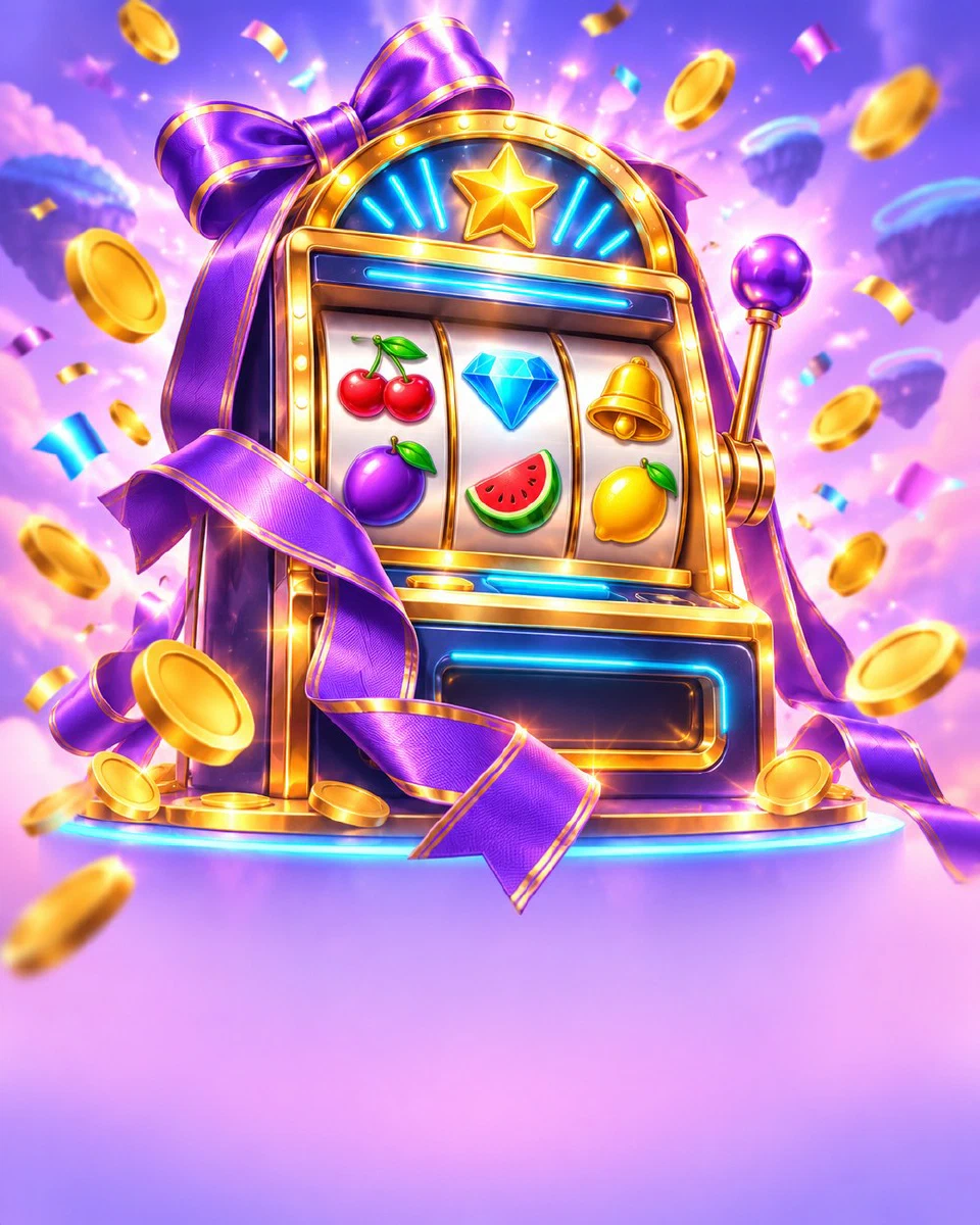 New glossy slot machine unwrapped from violet ribbon with sparkles and confetti