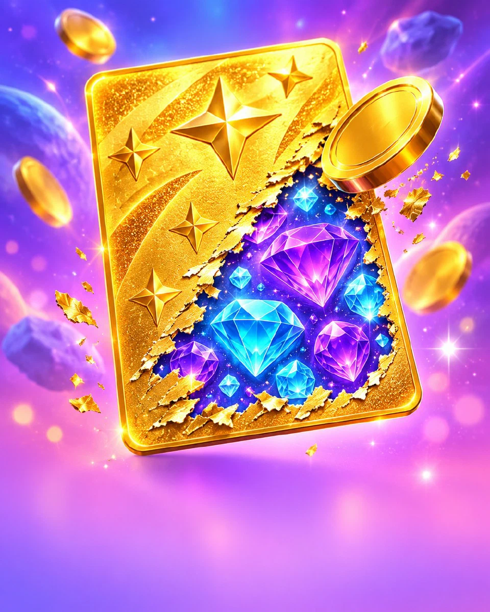 Gold scratch card half scratched to reveal sparkling gems, with a coin beside it