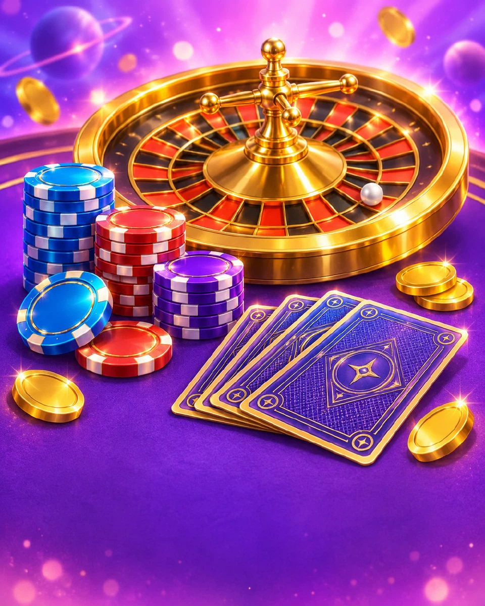 Roulette wheel, blackjack cards and chip stacks on bright violet felt