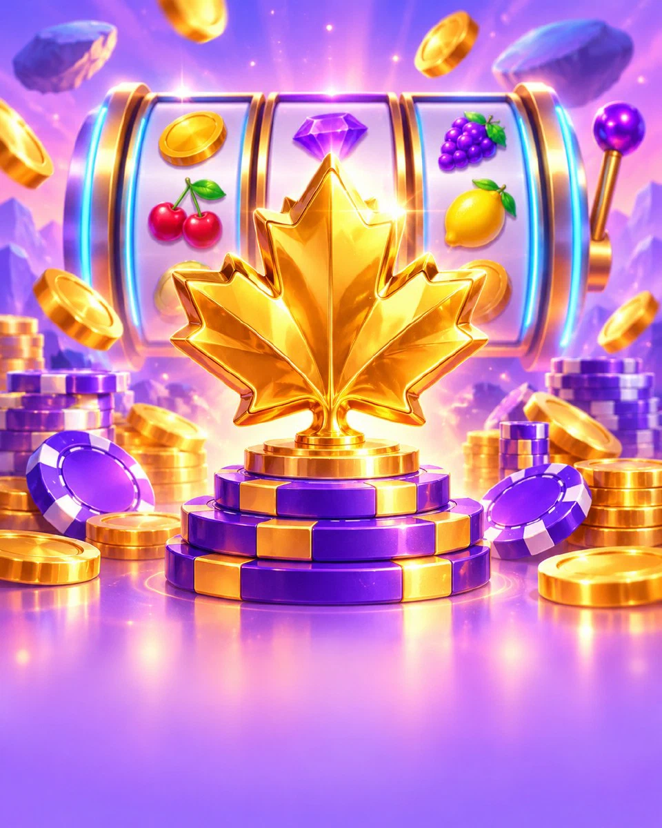 Golden maple leaf trophy on a stack of casino chips with glowing slot reels behind