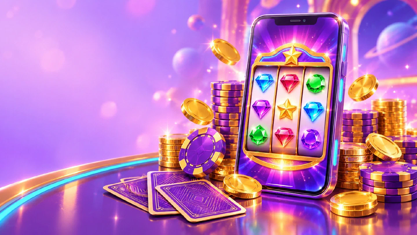 Violet smartphone on a casino table showing a glowing slot screen, with chips, cards and coins around it