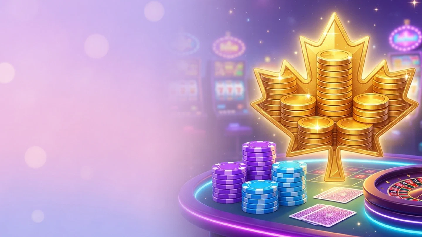 Golden maple leaf made of coins above a casino table with chips, cards and a roulette wheel