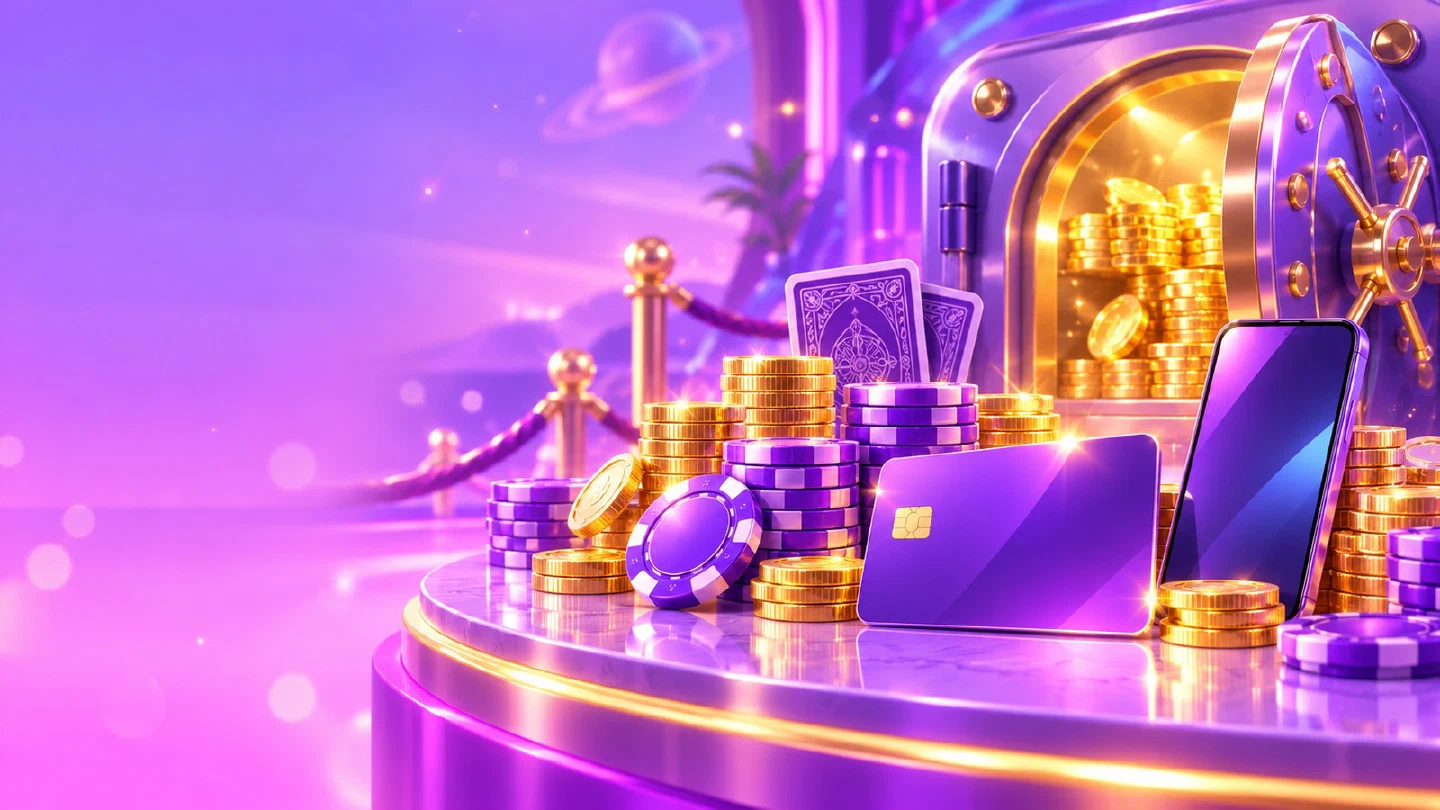 Bright casino cashier counter with gold coin stacks, chips, a payment card and an open vault
