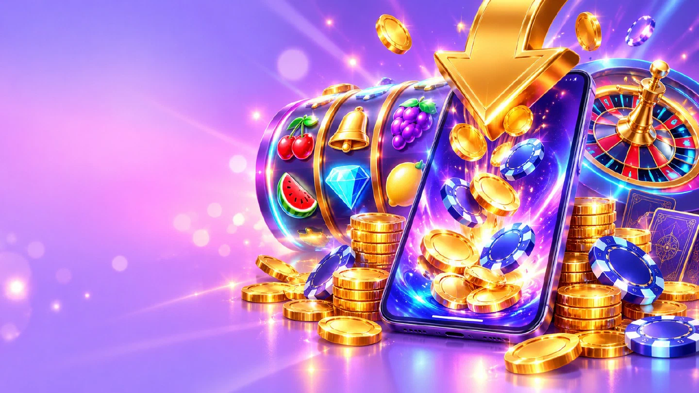 Golden download arrow pouring coins and chips into a phone in front of slot reels and a roulette wheel