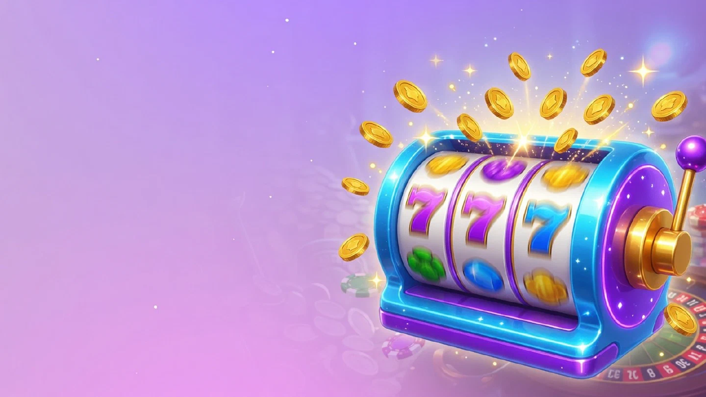 Glossy slot machine with spinning reels spraying gold coins and sparkling stars