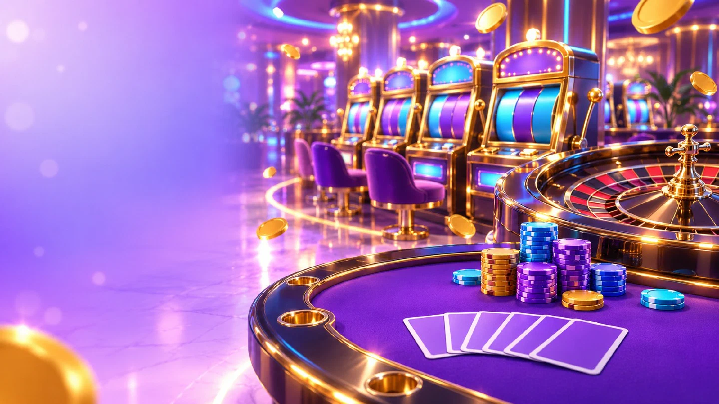 Bright casino floor with golden slot machines, a roulette wheel and a blackjack table under violet lights