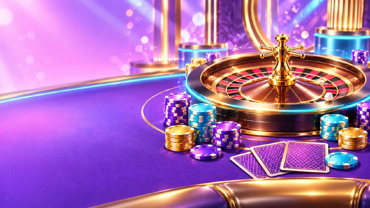 Golden roulette wheel spinning on violet felt with chip stacks under bright studio lights