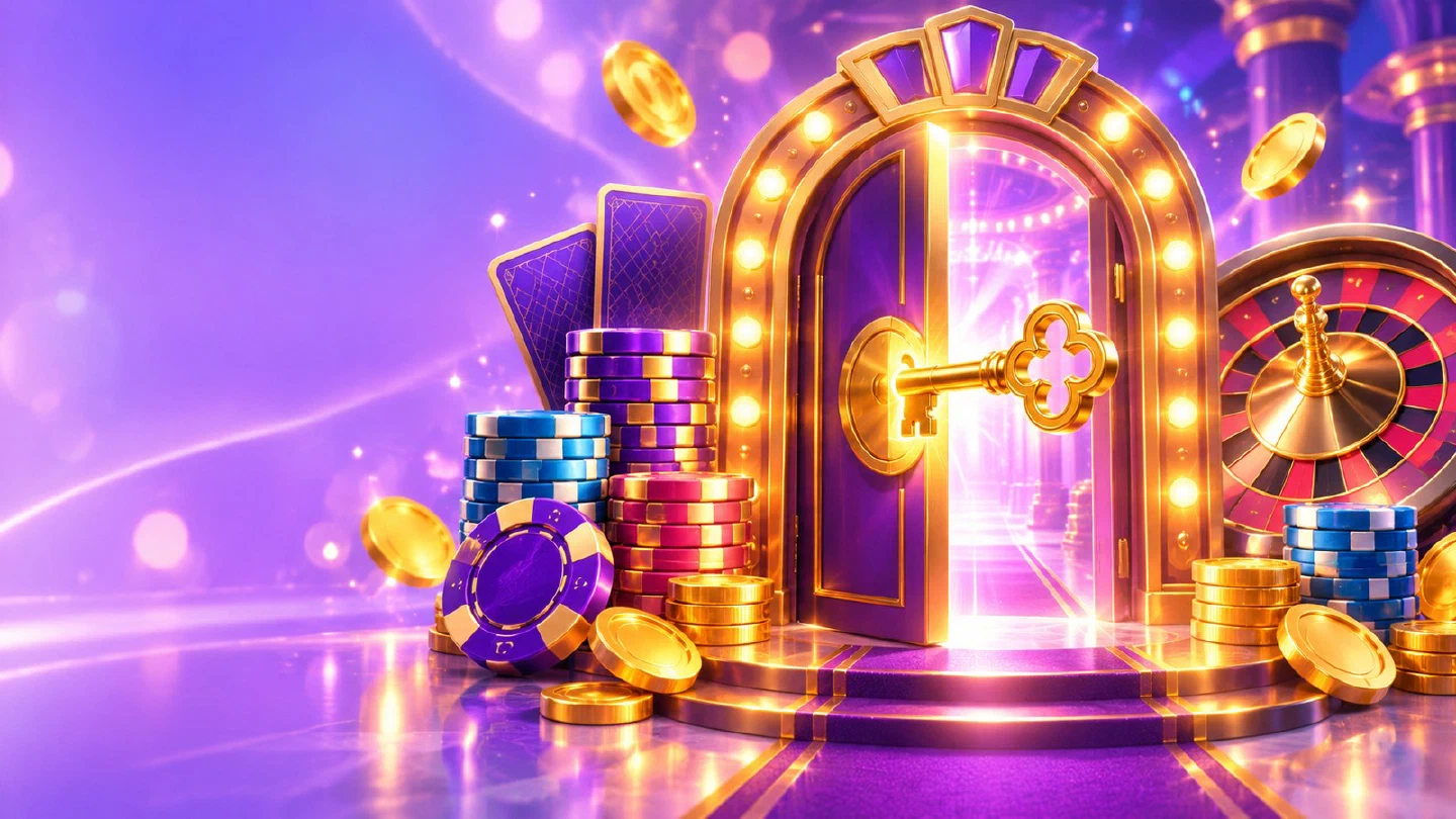 Glowing casino doorway with marquee lights, a golden key in the lock and chip stacks on both sides