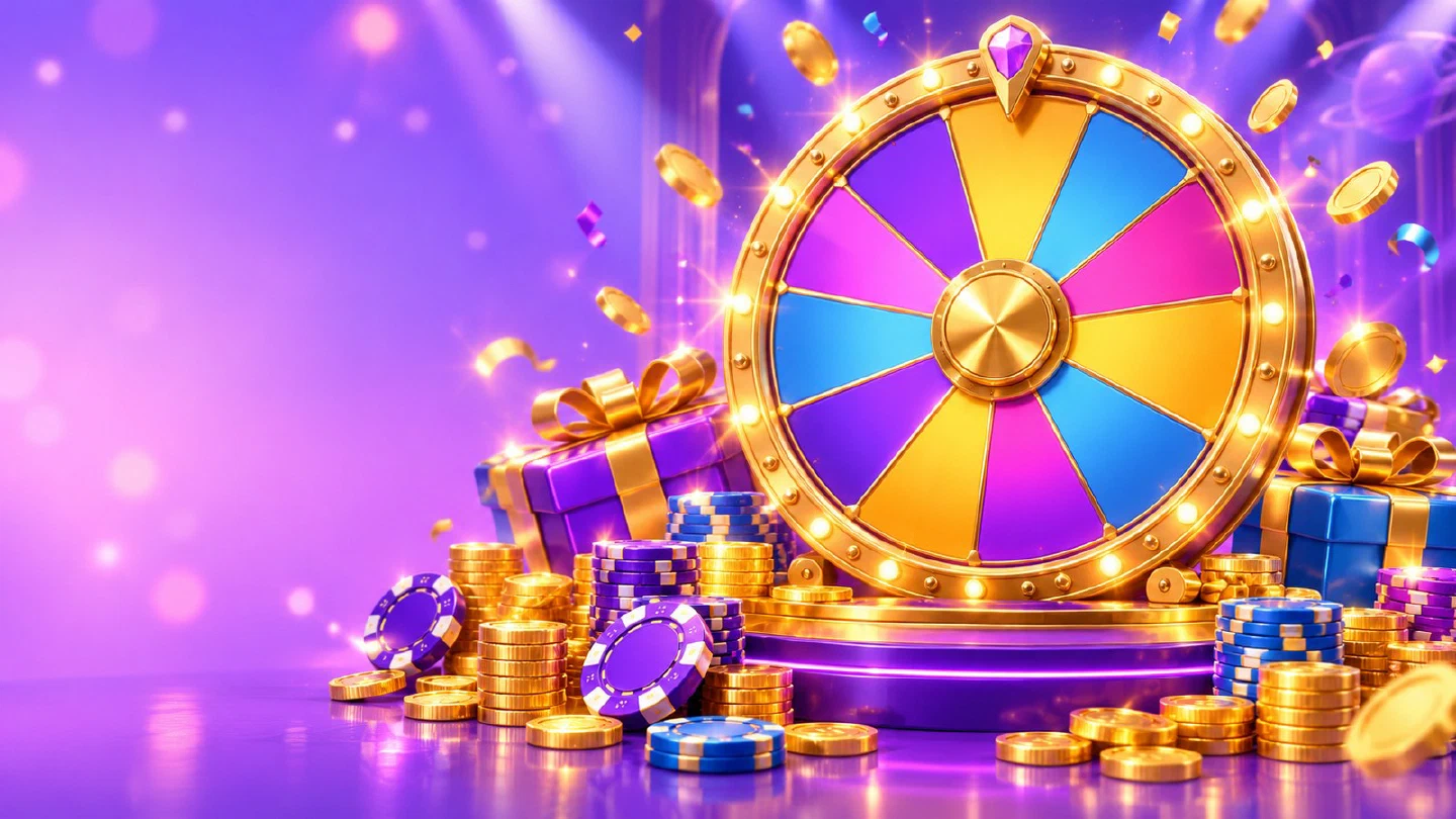 Golden prize wheel on a bright violet stage with gift boxes, chip stacks and confetti