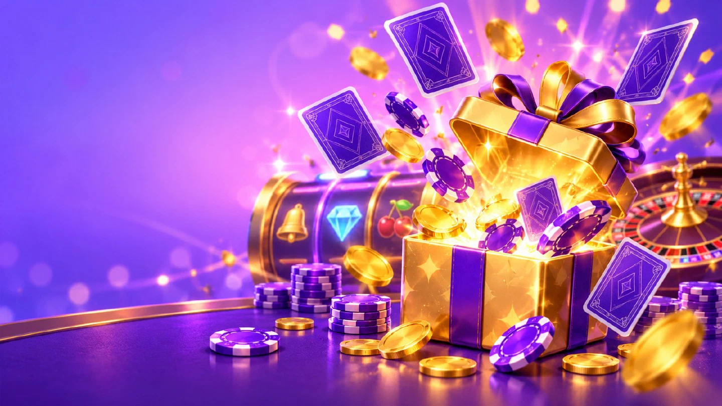 Golden treasure chest bursting open on a casino table with coins, chips and a playing card flying out