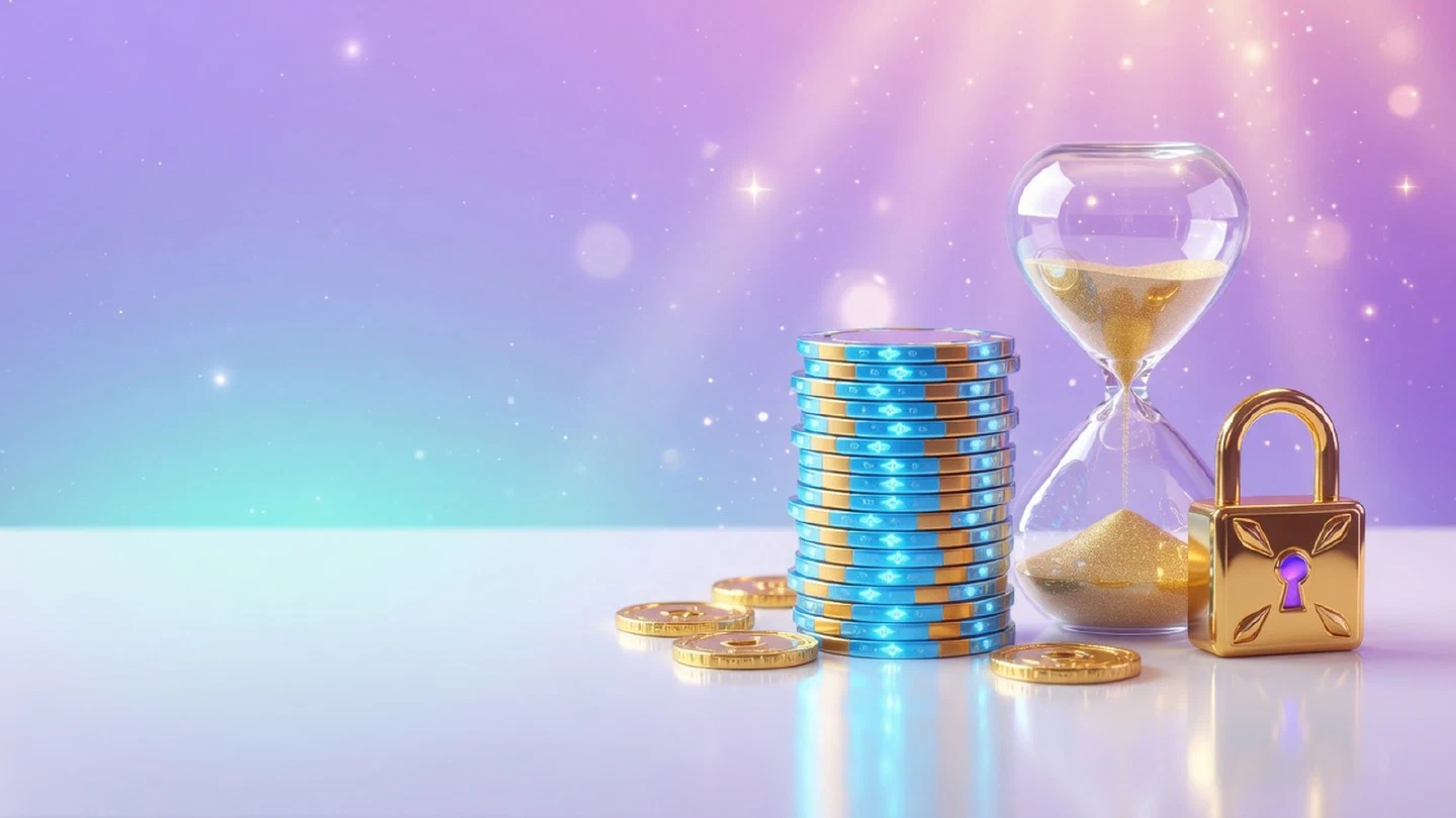 Neat stack of chips beside an hourglass and a small golden padlock on a calm, softly lit table