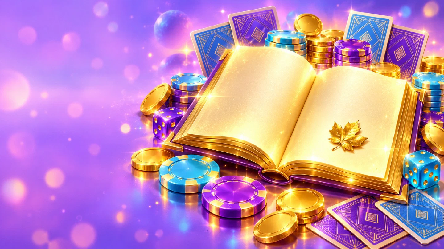Open golden book on a casino table surrounded by chips, dice and playing cards