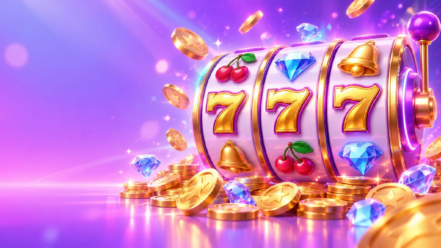 Three glossy slot reels with cherries, gems and golden sevens above a pile of gold coins