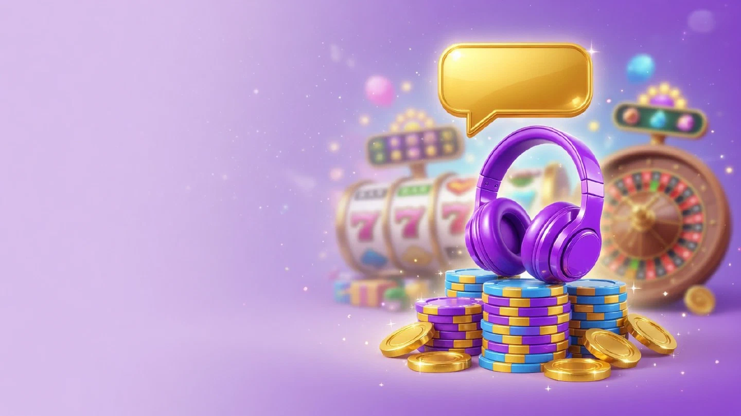 Violet headset on a stack of chips with a golden speech bubble and glowing slot reels behind