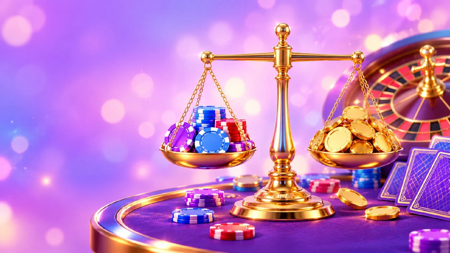 Golden balance scales holding chips and coins on a bright casino table