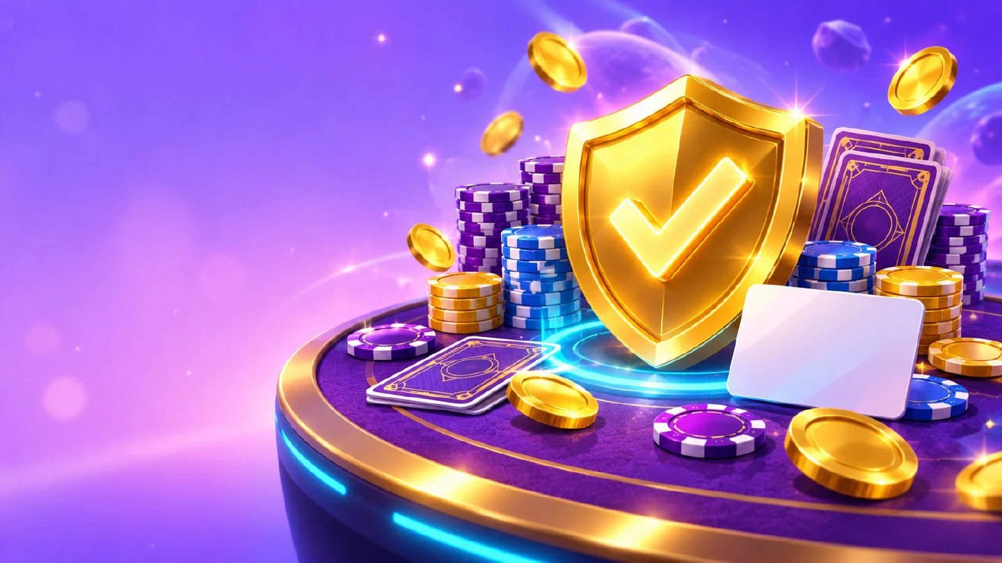 Golden check-mark shield on a casino table beside chip stacks, cards and a blank ID card
