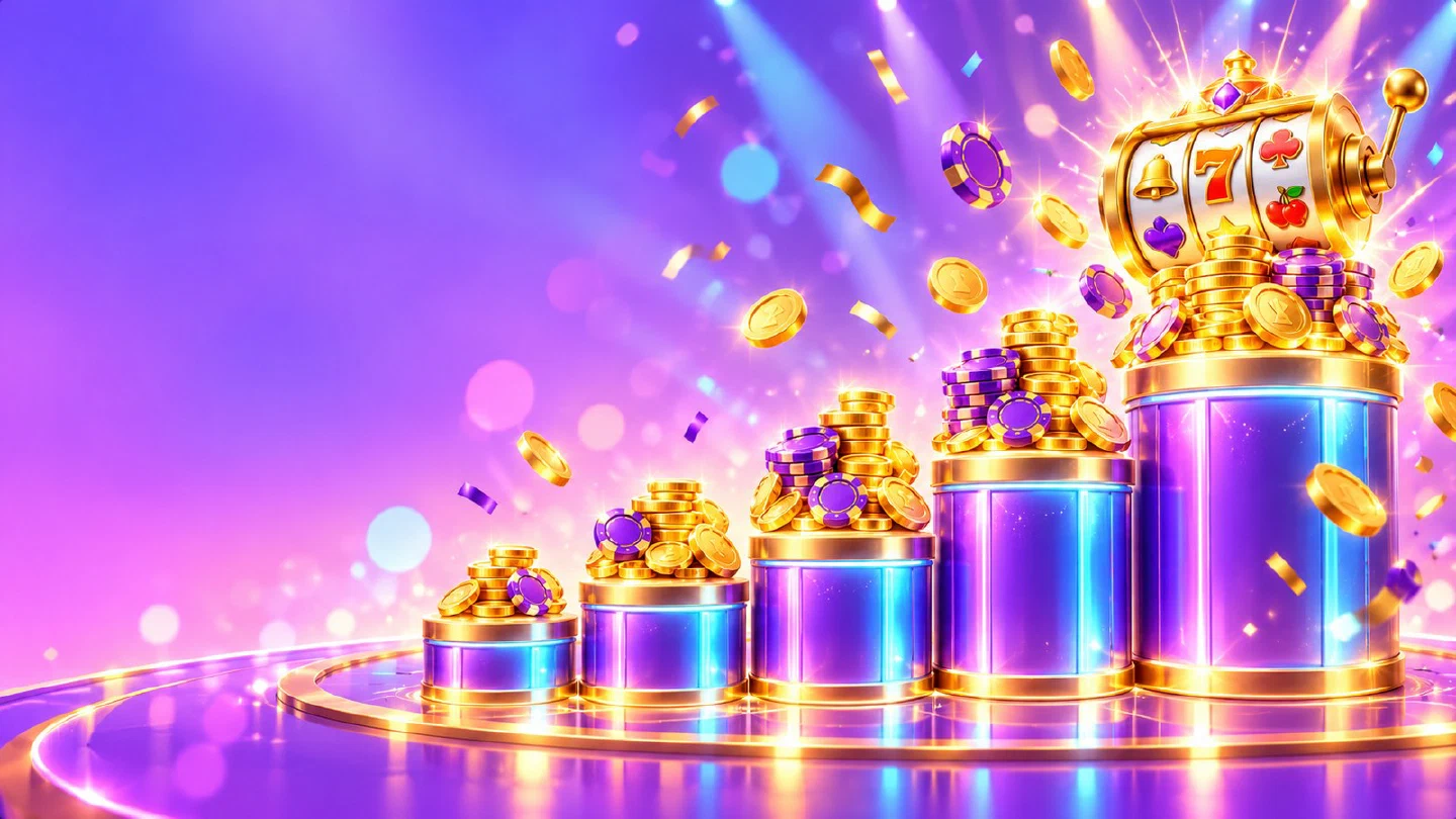 Five rising podiums on a bright casino stage, each topped with a bigger stack of coins and chips